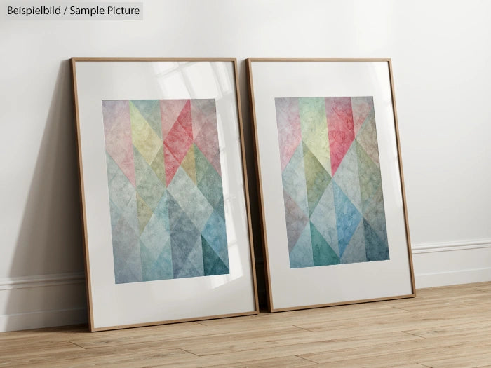 Two framed geometric abstract paintings with colorful triangular patterns leaning against a white wall on wooden floor.