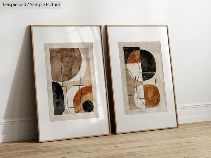 Two framed abstract artworks with geometric shapes in earth tones, leaning against a white wall on wooden floor.