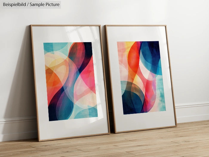 Framed abstract art prints with colorful geometric shapes leaning against a white wall.