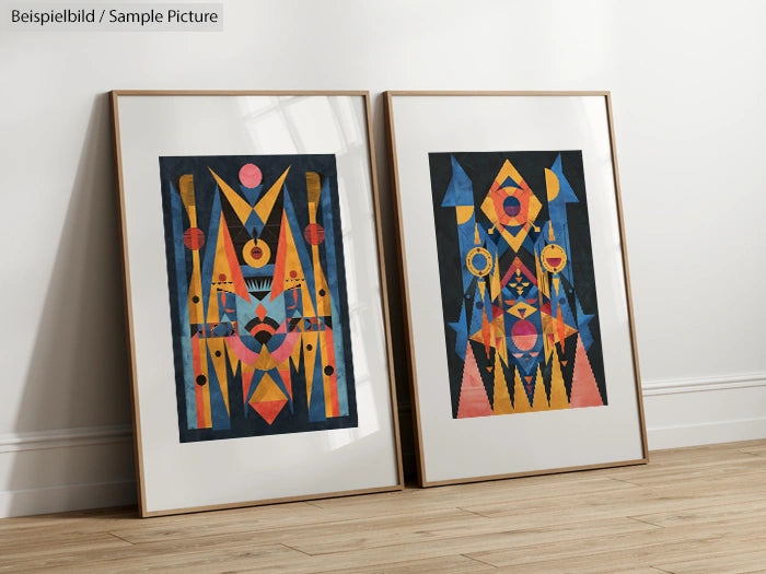 Two framed abstract geometric paintings with vibrant colors, leaning against a white wall on a wooden floor.