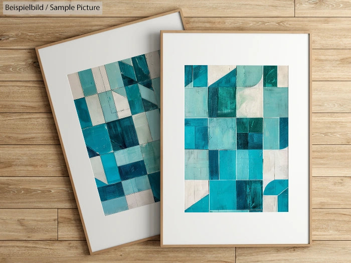 Two framed abstract paintings with teal and white geometric patterns on a wooden floor.