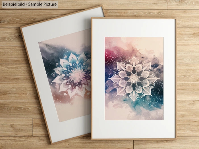 Two framed mandala art prints on a wooden floor; one has blue and pink hues, the other has white petals and a cosmic background.