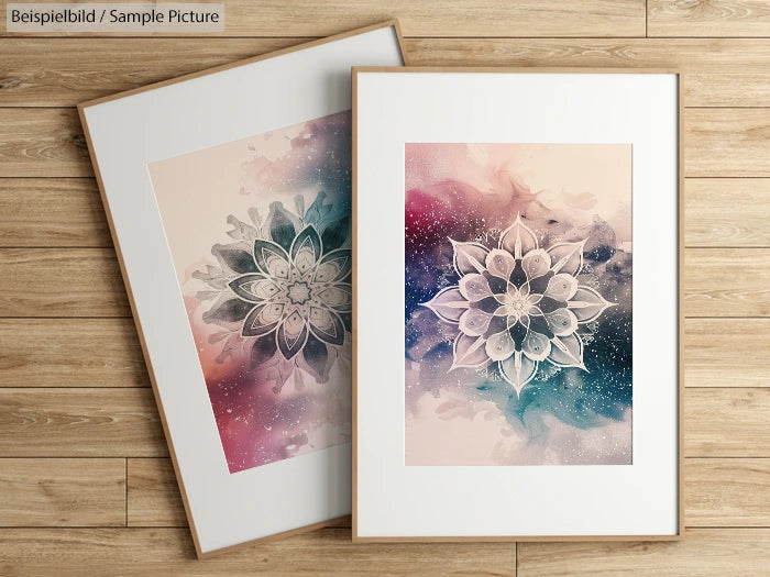 Two framed mandala art prints with abstract watercolor backgrounds on wooden floor.