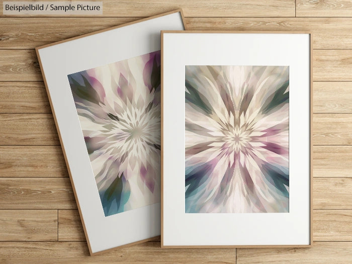 Two framed abstract floral prints on wooden floor with muted pastel tones.