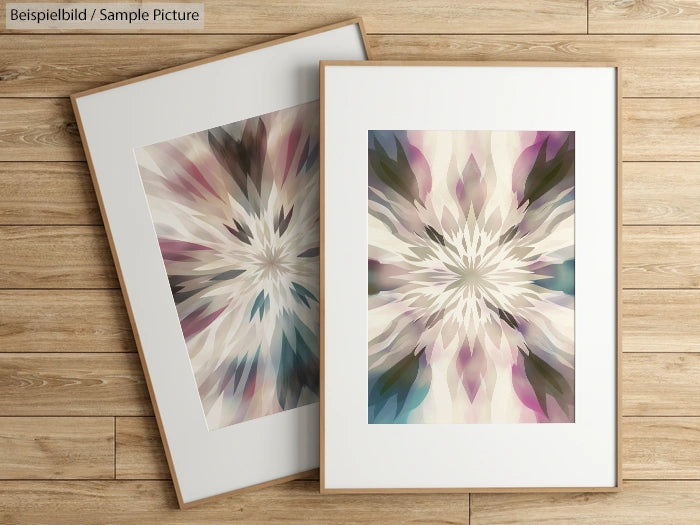 Two framed abstract art prints with symmetrical floral patterns in soft hues on a wooden floor.