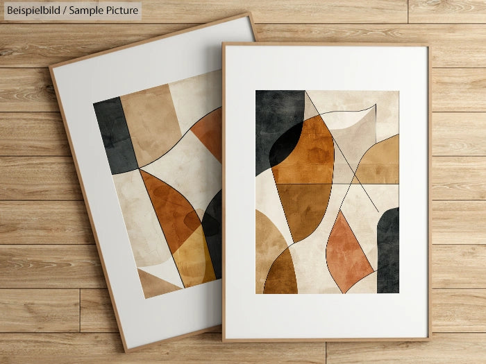 Two framed abstract art prints with geometric shapes in earthy tones on a wooden floor.