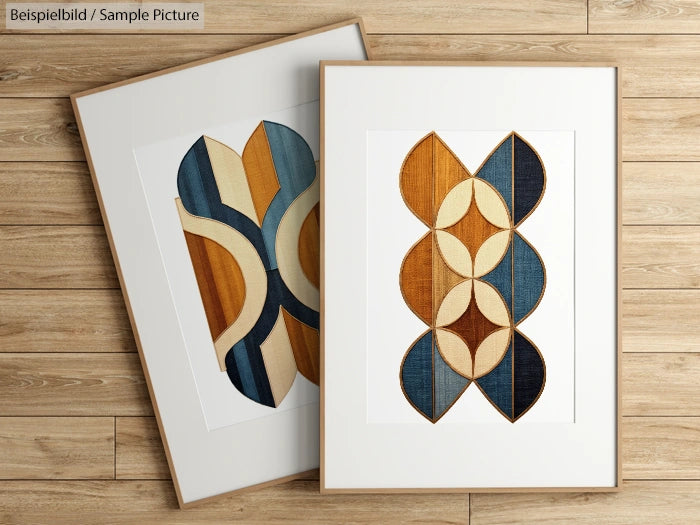 Two framed abstract geometric artworks in blue, brown, and cream tones on a wooden floor.