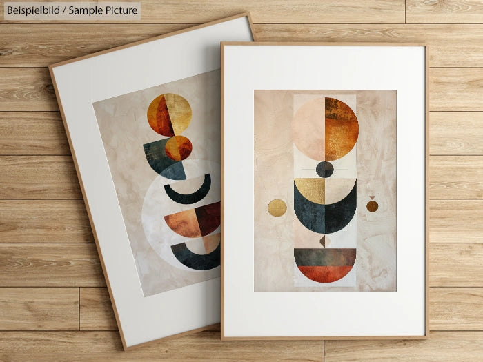 Pair of framed abstract art pieces with geometric shapes on a wooden floor.