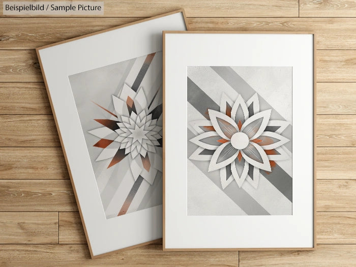 Two geometric floral art prints with white and rust tones, displayed on a wooden floor background.