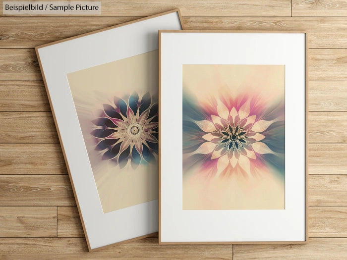 Two framed abstract floral artworks with pastel colors on a wooden floor.