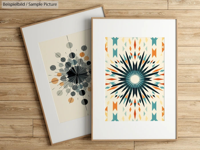 Two framed geometric art prints with patterns and vibrant colors on a wooden floor.