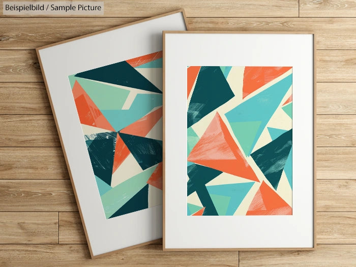 Two framed geometric abstract prints with teal, orange, and cream shapes on a wooden background.