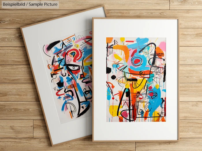 Two framed abstract paintings with vibrant colors and geometric shapes on a wooden floor.