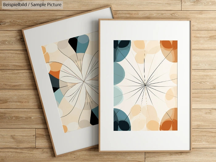 Two framed abstract art prints with geometric patterns in blue, black, and orange tones on wooden floor.