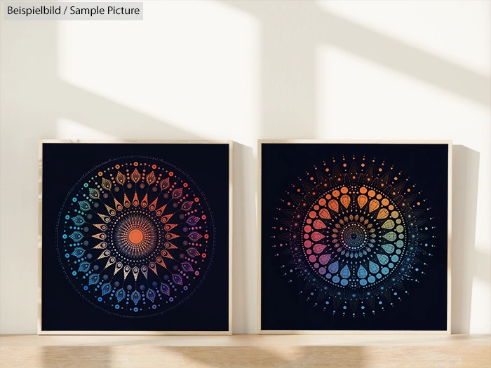 Two framed mandala art pieces with colorful designs on dark backgrounds against a white wall with shadows.