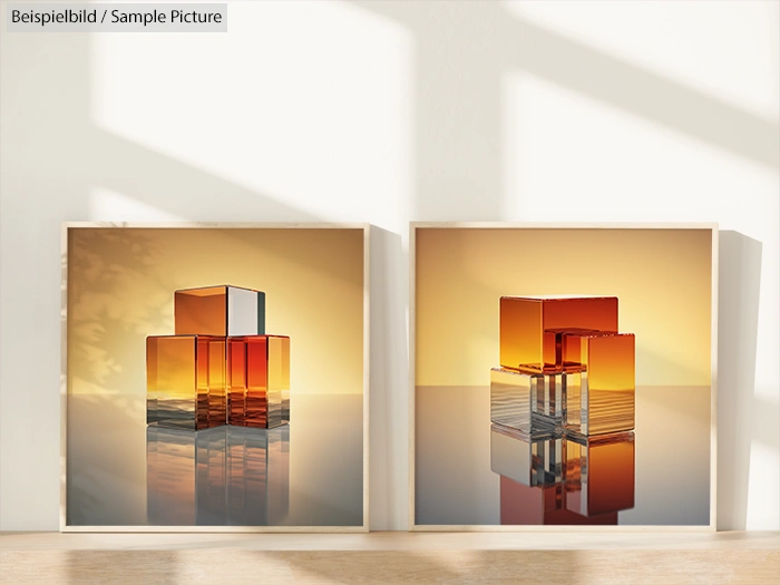 Two framed abstract cube art pieces with orange and amber tones, displayed on a reflective surface in soft lighting.