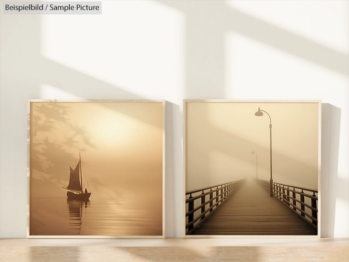 Two sepia-toned photo frames: a sailboat on water and a foggy pier with a streetlamp, leaning against a white wall.