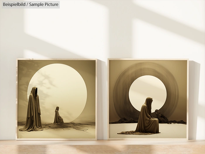 Two paintings with figures draped in fabric, seated before large circular backdrops in a minimalist gallery.