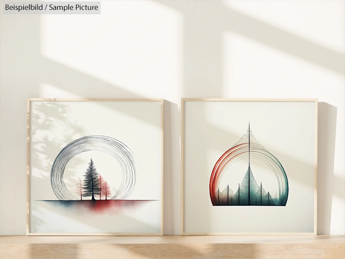 Two abstract nature-themed artworks with circular designs and trees in minimalist frames.