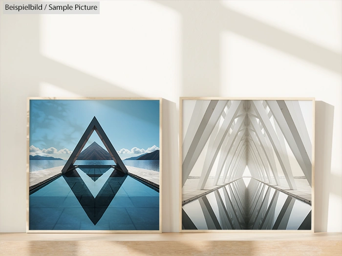 Two framed geometric art pieces; left shows a triangle over water, right features a mirrored architectural structure.