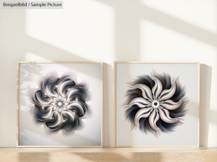 Two abstract floral art pieces with swirling petal designs in shades of gray and cream, displayed on a white wall.