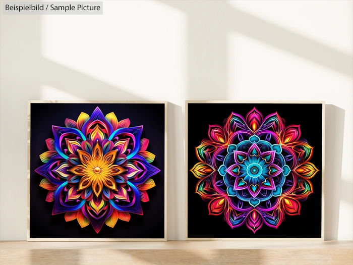 Two vibrant, symmetrical Mandala art pieces in shades of orange, purple, blue, and pink displayed on a wooden floor.