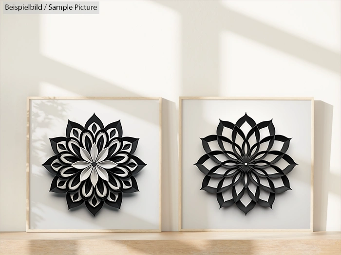 Two framed black geometric floral patterns on white walls with sunlight shadows.