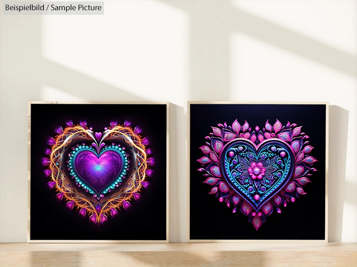 Two vibrant heart-shaped mandala designs with intricate floral and geometric patterns in pink, purple, and blue hues.