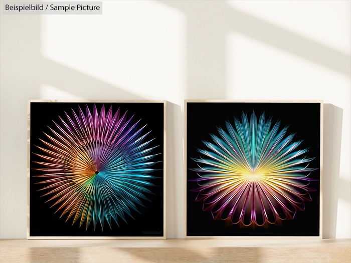 Two vibrant abstract artworks with radial patterns in multicolored hues against a black background, framed on a wooden shelf.