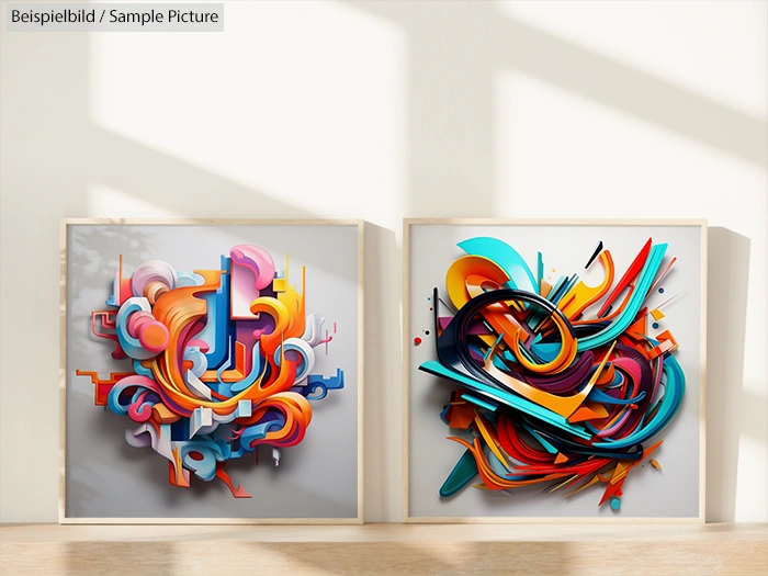 Vibrant abstract art with intertwined colorful shapes in two frames on a white wall.