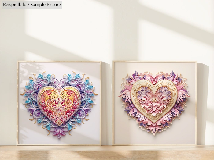 Two ornate 3D heart artworks with intricate floral patterns in frames, featuring pastel colors, displayed on a shelf.