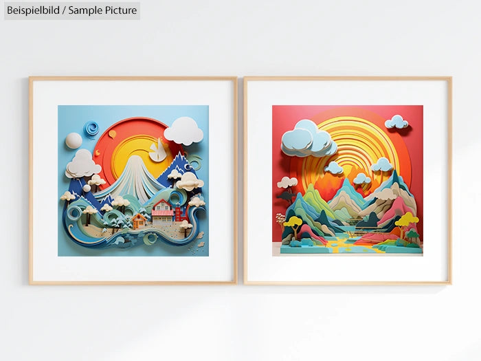 Two framed 3D paper art landscapes, one with a mountain and sun, the other with mountains and a river under clouds.