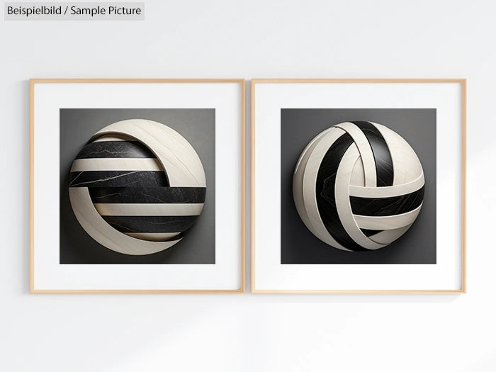 Two framed abstract sculptures featuring interwoven black and white strips, creating circular patterns on a gray background.