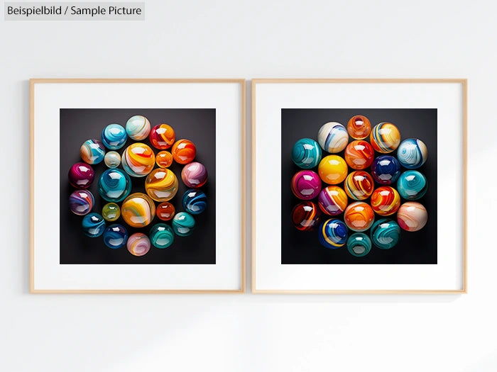 Two framed artworks featuring vibrant, colorful marbles against dark backgrounds, displayed on a white wall.