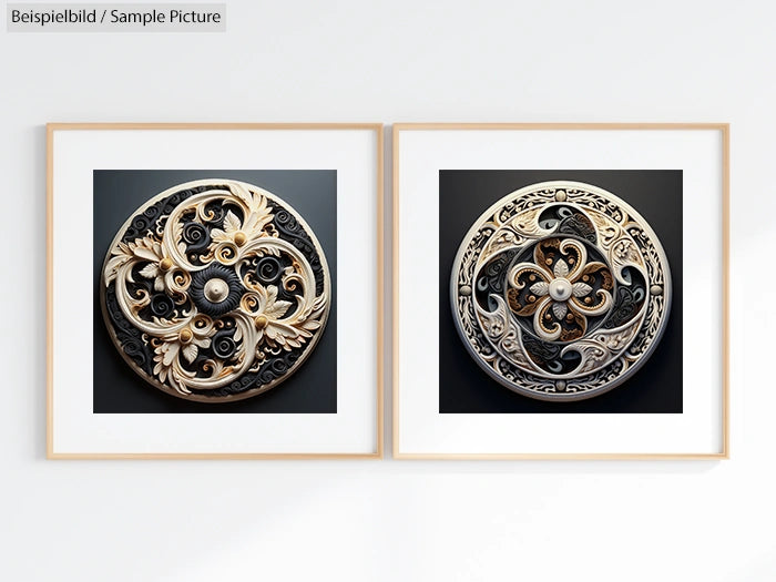 Two framed artworks with intricate spiral patterns in gold and silver hues displayed on a white wall.