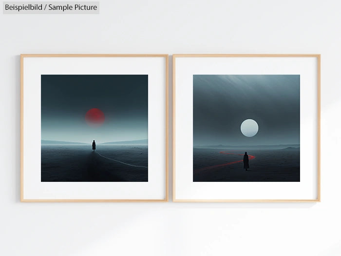 Two framed artworks, one with a red sun over a vast landscape and another with a white sun over a similar scene.