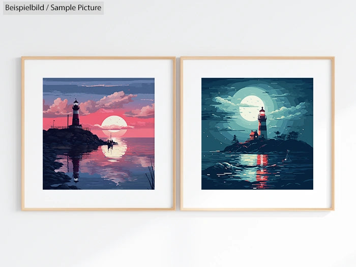 Two framed paintings of lighthouses; one at sunset with pink skies, and another at night with a full moon.