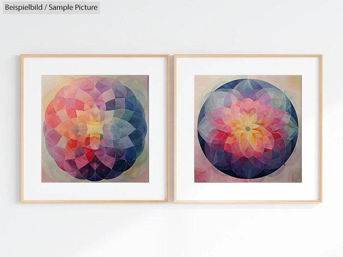 Two framed abstract geometric art prints with colorful circular patterns on a white wall.