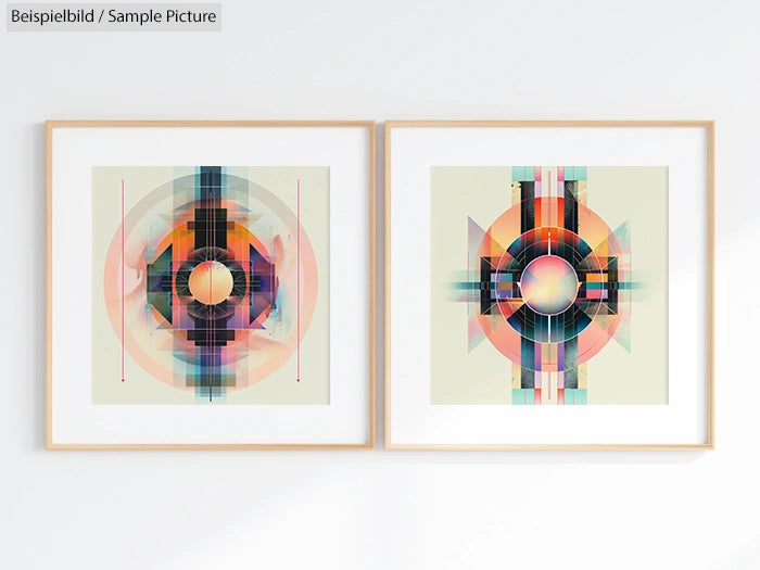 Two geometric abstract artworks in frames, featuring circles and lines in warm and cool tones, hung on a white wall.