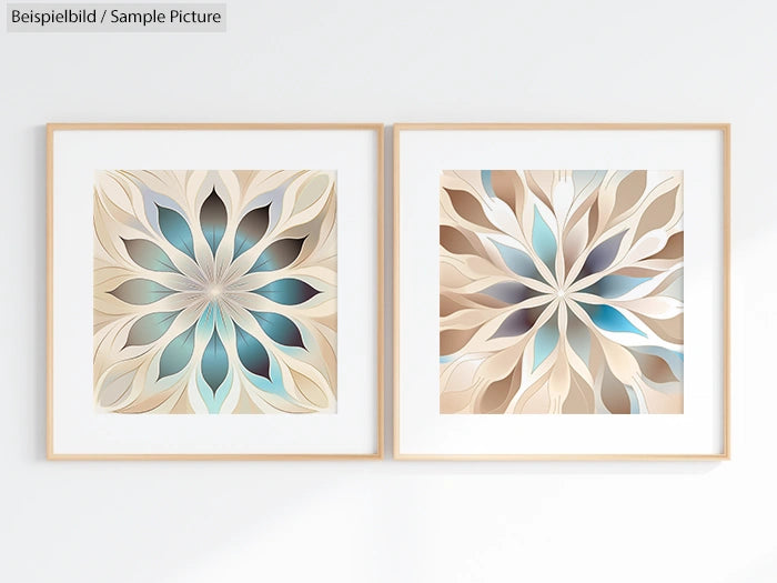 Two framed floral geometric art pieces with teal, beige, and brown tones, displayed on a white wall.