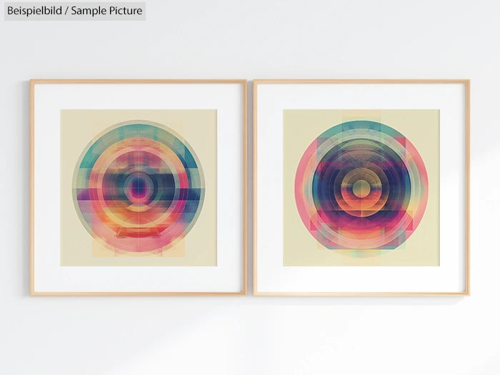 Two framed abstract geometric artworks with colorful concentric circles, hung on a white wall.