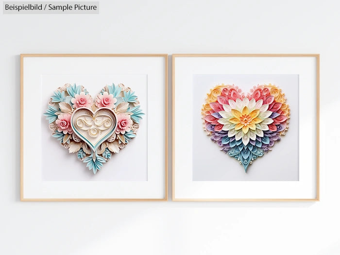 Two framed art pieces with intricate heart-shaped designs made of colorful paper flowers and patterns.