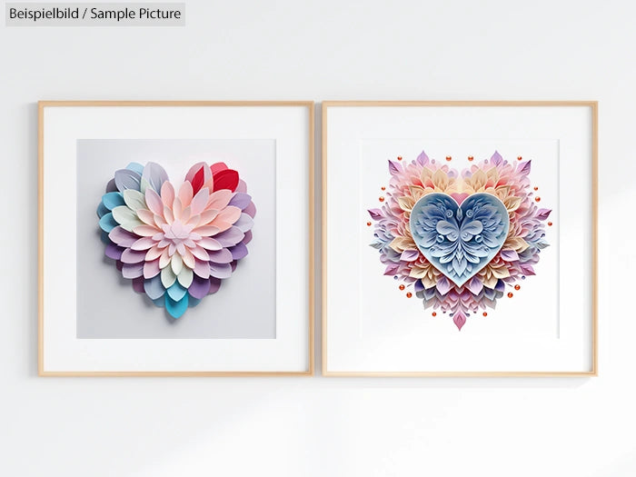 Two heart-shaped paper art pieces in frames; one with purple, pink petals, the other with blues and pinks in a layered design.