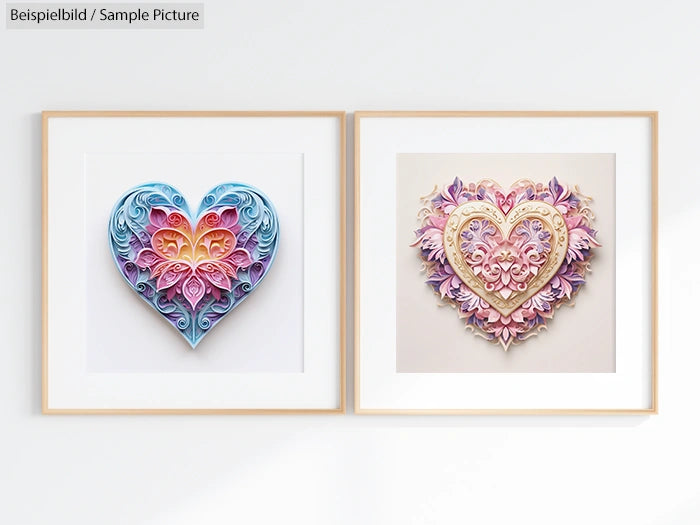 Two framed heart-shaped art pieces in blue and pink hues with intricate quilling designs on a white wall.