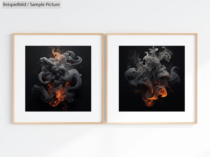 Two abstract prints with swirling smoke designs, framed and mounted on a white wall.