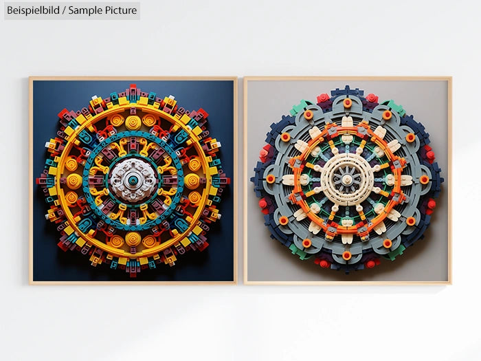 Two colorful circular mandala art pieces made from LEGO, framed and displayed on a plain background.