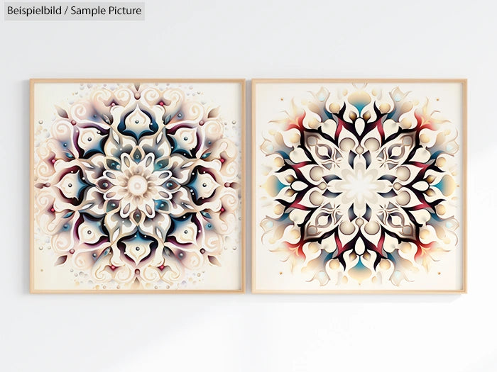 Two framed abstract floral mandala artworks with intricate patterns in earthy tones on a white wall.