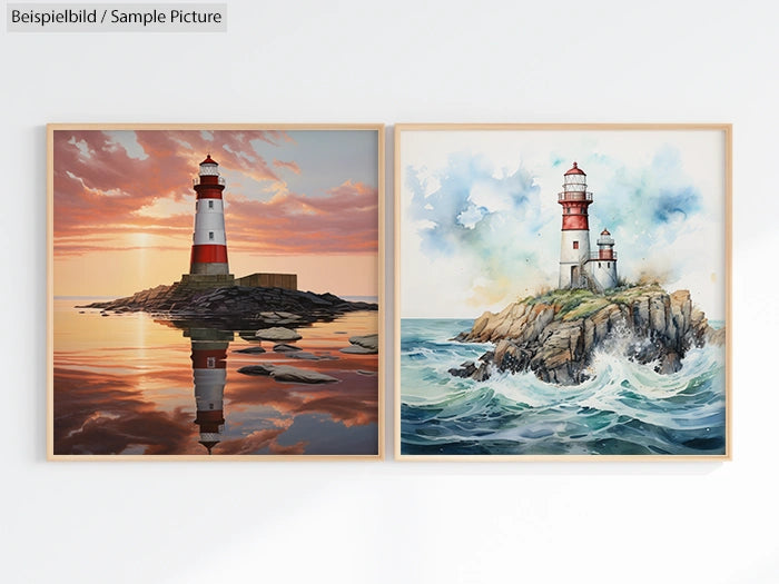 Side-by-side paintings of a lighthouse at sunset with rocks, and a lighthouse with waves crashing against rocks.