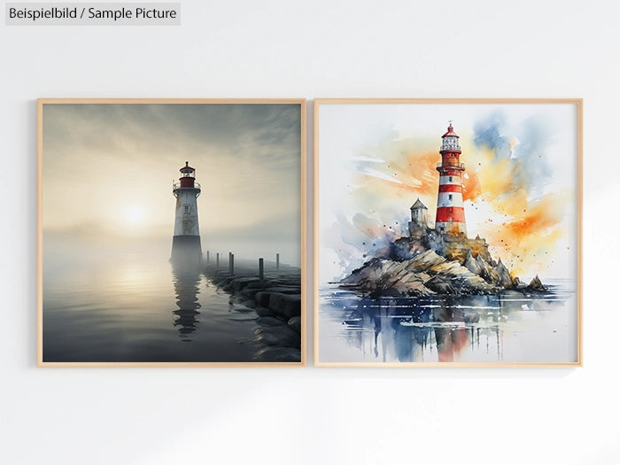 Two framed images of lighthouses; one realistic in misty waters, another colorful in watercolor style on rocks.