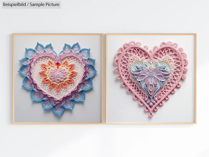 Two framed quilled paper heart artworks, one with blue and pink tones, the other pastel pink with intricate patterns.